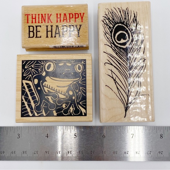 Wooden Rubber Ink Stampers Peacock Feather, Frog, Think Happy Be Happy Stampers - Picture 7 of 11